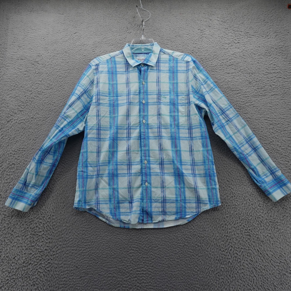 Tommy Bahama‎ Pima Cotton Button Down Shirt Large Blue Plaid Mens Lightweight